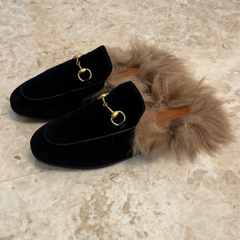 Gucci Black Velvet And Fur Princetown Horsebit Flat Mules Size 40